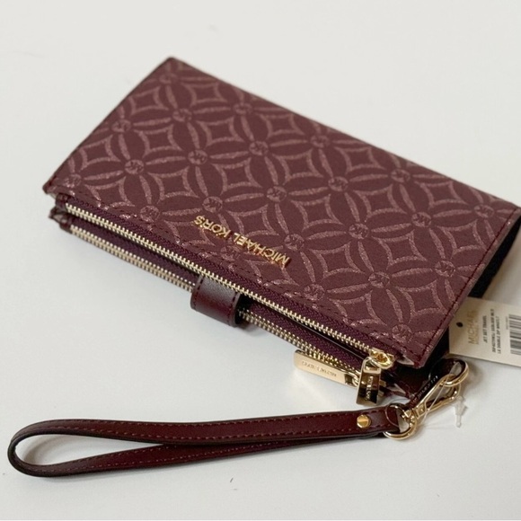 Michael Kors Jet Set Travel LG Double Zip Wallet Graphic Logo MK Oxblood Multi - Picture 2 of 8